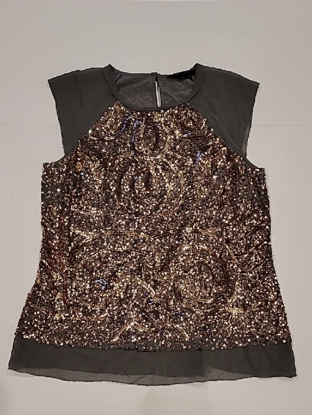 BCBGMaxAzria Gold Sequin & Gray Mesh Cap-Sleeve Tank - Picture 4 of 12